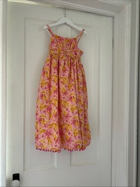 Kids Pink and Yellow Banana-Print Sundress with Pom-Pom Hem